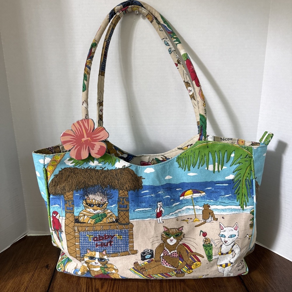Vintage Cappelli Straworld Beach Tote Whimsical "Tabby's Hut" Cats On Beach